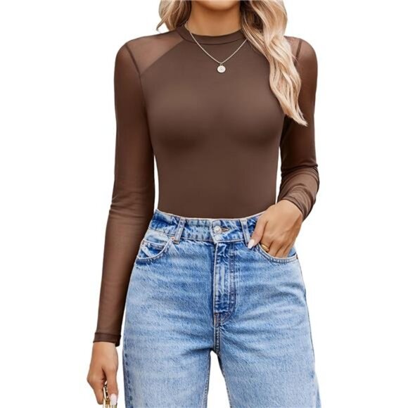 Tops - Women Long Sleeve Bodysuit Crew Neck Brown